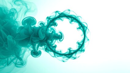 An abstract image featuring a cyan smoke ring in the foreground with a clear and distinct right side positioning of the subject