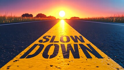 Road with slow down safety message at sunset