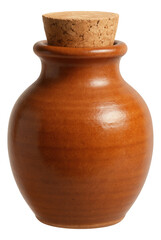 A small, artisan-crafted clay pot with a cork stopper, ideal for storing exotic bird treats on a balcony.