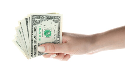 Woman with dollar banknotes on white background, closeup