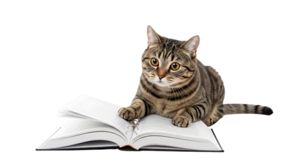 Cute tabby cat reading a book isolated on transparent background, looking intelligent