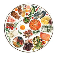Naklejka premium Watercolor Charcuterie Board with Skewers Fish Cheese Fruit and Vegetables