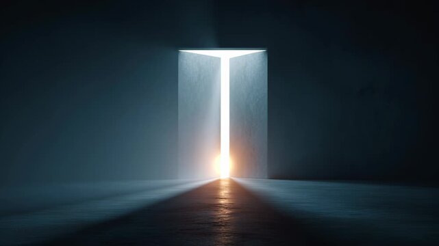 Bright Light Behind Open Door in Dark Room Symbolizing Hope and New Beginnings
