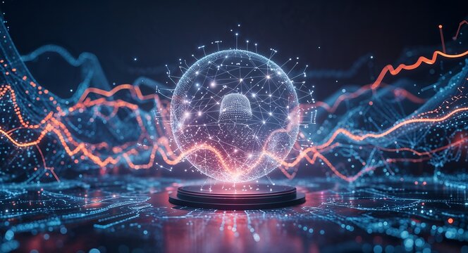 Digital globe with connected lines and dots on a stand with glowing data waves around
