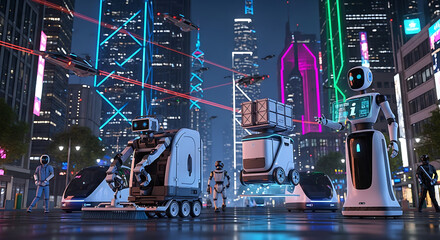 Futuristic city scene with robots delivering packages in a vibrant night cityscape.