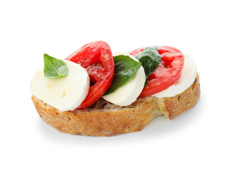 Delicious sandwich with mozzarella cheese, tomatoes and basil isolated on white