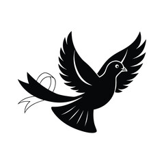 Black silhouette of a dove with a ribbon flying against a white background