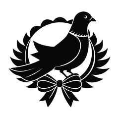 Fototapeta premium Black silhouette of a dove perched on a decorative wreath with a bow