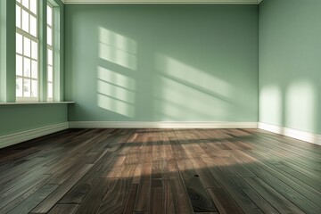 Fototapeta premium A sun-drenched, empty room, showcasing a pale sage green wall, a rich dark wooden floor, and the soft shadows cast by large windows.