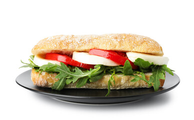 Delicious sandwich with mozzarella cheese, tomato and arugula isolated on white
