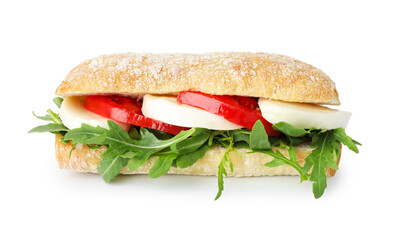 Delicious sandwich with mozzarella cheese, tomato and arugula isolated on white
