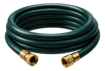 Vinyl garden hose with a weather-resistant coating, suitable for outdoor use in varying climates at a cottage.