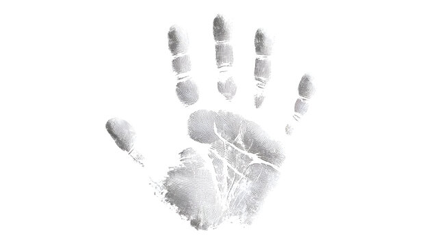 Detailed grayscale handprint showing fingerprints on white background