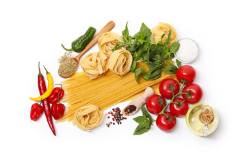 Different types of pasta and ingredients isolated on white, top view