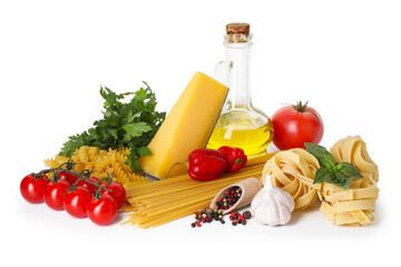 Different types of pasta and ingredients isolated on white