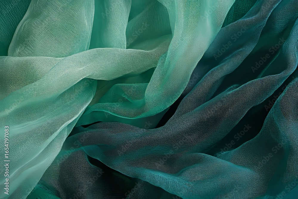 Poster a close-up view of a translucent fabric showcasing a smooth, elegant gradient of teal and turquoise 