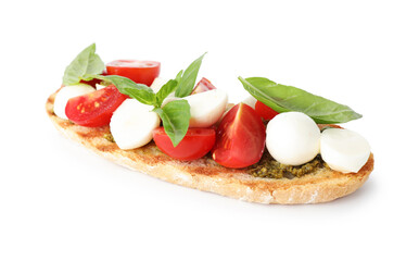 Delicious sandwich with mozzarella cheese, tomatoes and basil isolated on white