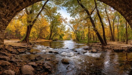 Autumnal view through a stone arch bridge over a flowing stream