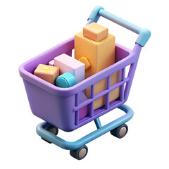 3D Illustration of a Purple Shopping Cart Filled with Boxes and Packages