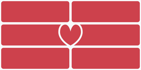 Stacked gorizontal tile seamless pattern. Red bricks and heart shapes desing. Vector.
