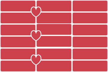 Stacked gorizontal tile pattern. Red bricks and hearts shapes desing. Vector.