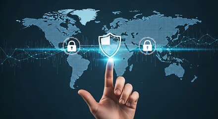 Global cybersecurity concept with hand touching shield on world map
