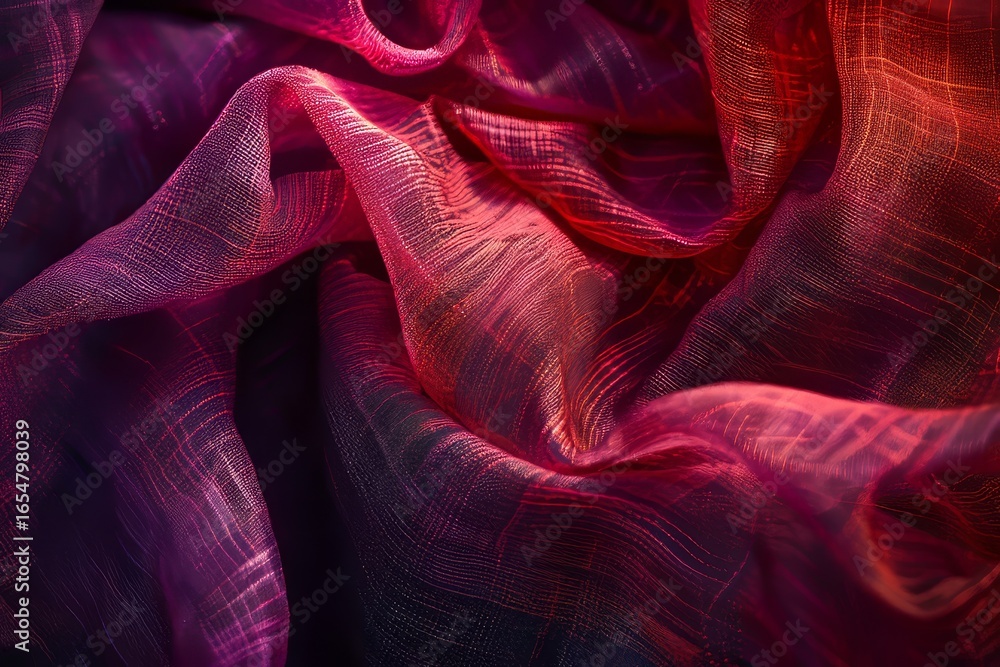 Poster close-up view of a draped piece of vibrant ombre fabric featuring a subtle crisscross pattern and a 