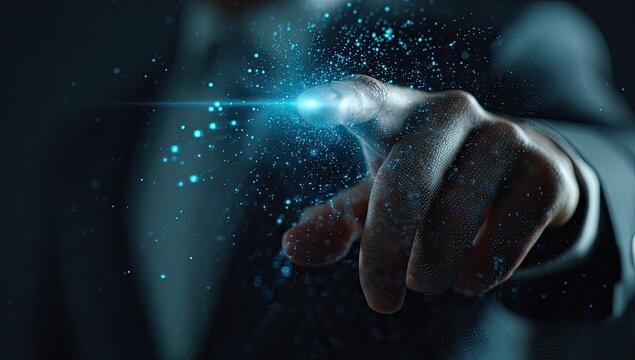 A businessman's finger interacts with a digital interface