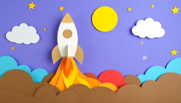 A vibrant, paper-cut rocket ship soars against a backdrop of colorful clouds and a night sky.