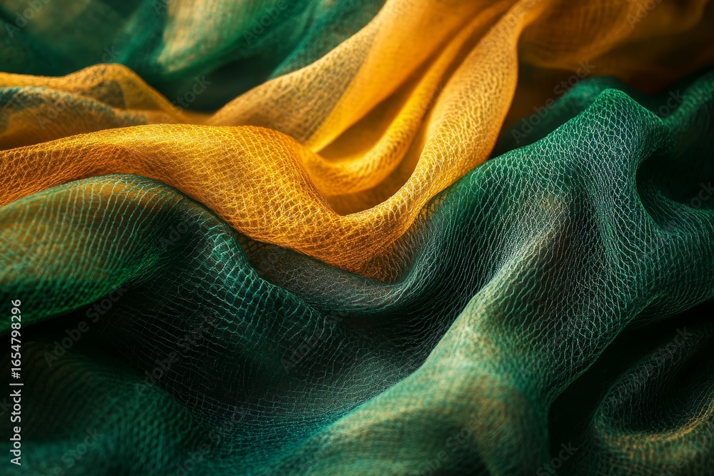 Poster a close-up view of a flowing fabric with a striking gradient of vibrant gold and deep forest green t