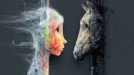 Surreal Girl and Horse Face to Face – Colorful Abstract Digital Art with Hand-Drawn Texture