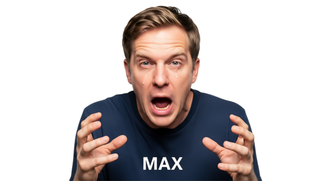 Man with open mouth and hands up isolated on transparent background with max text