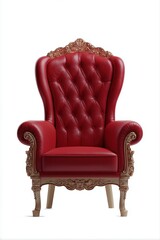 Luxurious red leather armchair with ornate wooden carvings on white background