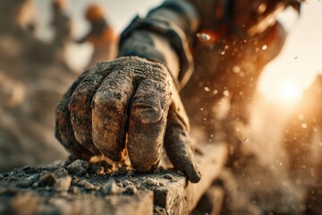 Obraz premium Dirty gloved hand gripping rough surface at dusty construction site.