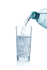 Pouring refreshing soda water from bottle into glass on white background