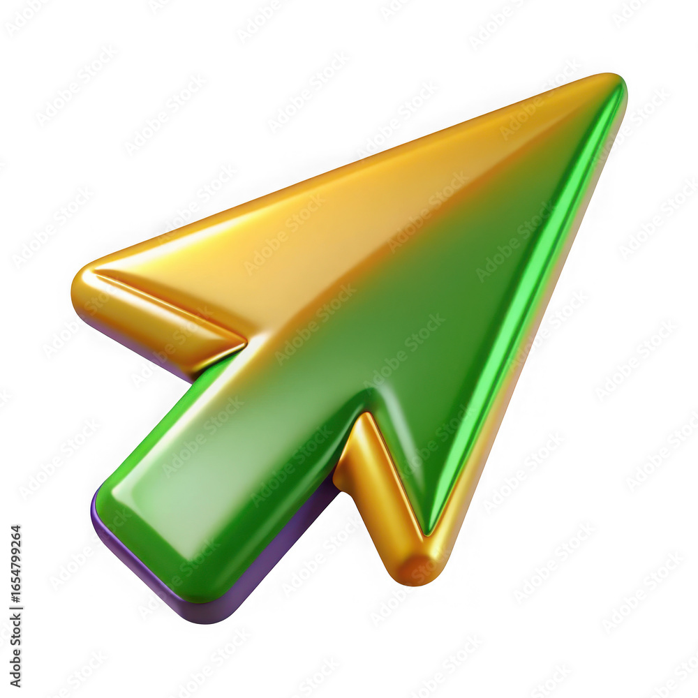 Poster 3D Rendered Green and Gold Cursor Arrow with Purple Outline on Transparent Background pointer isolated on a transparent background