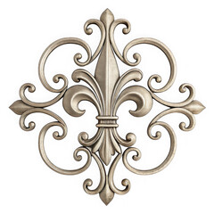 Elegant silver fleur de lis ornament with swirling scrollwork on black background