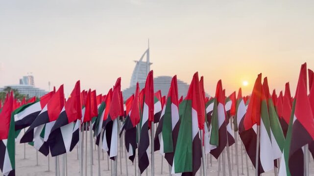DUBAI, UAE - December 2, 2023. Burj Al Arab luxury hotel and Jumeirah public beach waving flags in Dubai in UAE. National patriotic celebration holiday.