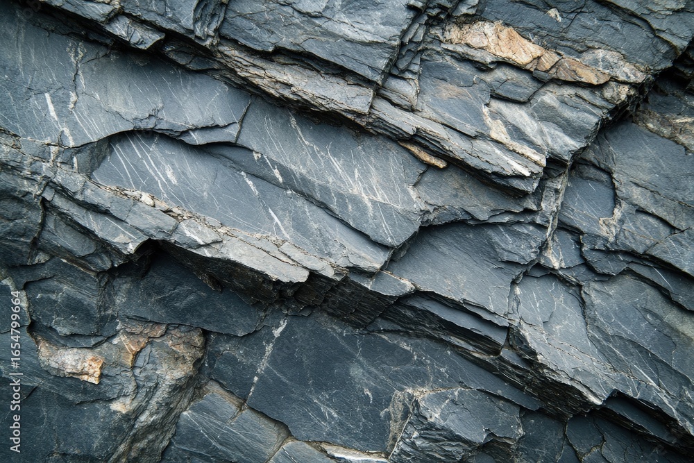 Poster close-up view of a textured rock face exhibiting deep layers and intricate cracks, showcasing a mute
