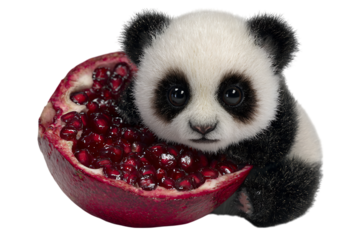 Adorable panda bear enjoying a juicy pomegranate. Perfect for children's books, cards, or websites.
