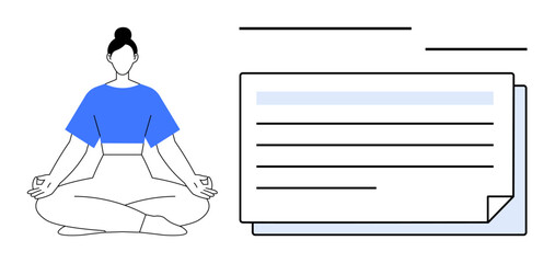 Woman sitting in lotus pose practicing mindfulness beside a structured document. Ideal for mental clarity, organization, focus, productivity, balance, wellness, stress relief. Simple flat metaphor