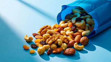 Assorted mixed nuts spilling from blue bag on table