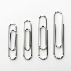 Four Silver Paper Clips Size Gradient on White, office supply , stationery
