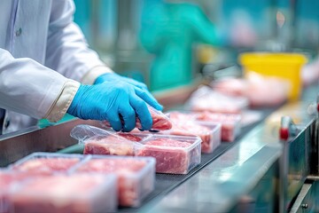 Factory worker handling packaged meat on a conveyor belt