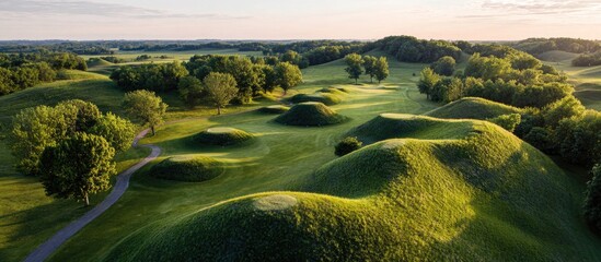 Panoramic view of a golf course with unique terrain