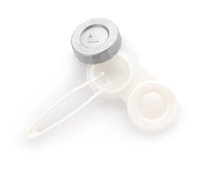 Case with contact lenses and tweezers isolated on white, top view