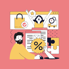 Digital content marketing concept for modern web design. People making online promotion with advertising, targeting and attracting audience, making discount offers for clients. Vector illustration.