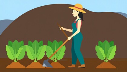 A woman in overalls works the soil near vibrant green leafy plants.
