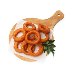Fried squid rings with parsley isolated on white, top view