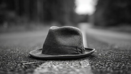 A fedora hat rests on a road